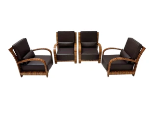 Four Art Deco Lounge Chairs with Leather Cushions France, 1930s